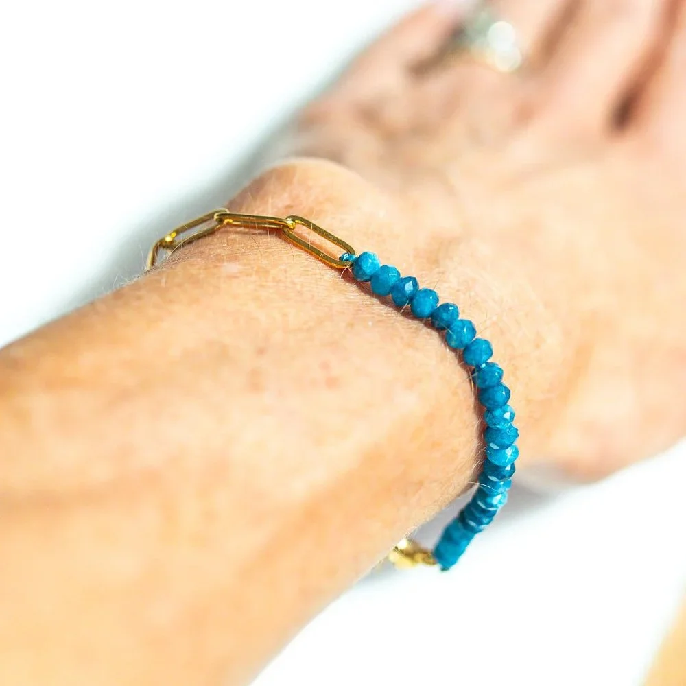 Half Blue Apatite Beaded Gemstone Bracelet Half Gold Paperclip Chain WATERPROOF - Picture 2 of 8